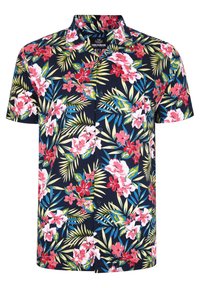 Camisa de botones de manga corta en azul marino con un patrón floral tropical que presenta flores rosas y rojas, y hojas verdes y azules.