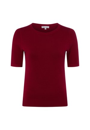 Kurzärmeliger, rundhalsiger, burgunderfarbener Strickpullover mit geripptem Saum und Ärmeln, Größe klein, vor weißem Hintergrund.