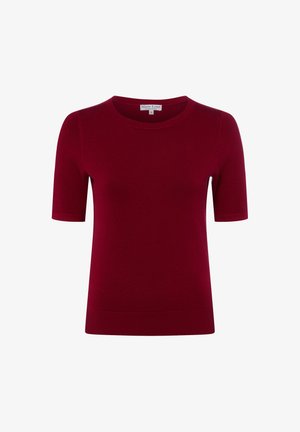 Kurzärmeliger, rundhalsiger, burgunderfarbener Strickpullover mit geripptem Saum und Ärmeln, Größe klein, vor weißem Hintergrund.