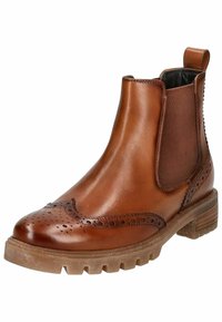 Botte Chelsea en cuir marron avec perforations brogue, panneau latéral élastique, languette de traction et semelle en caoutchouc épaisse.
