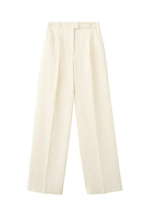 Pantaloni a gamba larga color crema con sottili righe verticali a spillo, pieghe frontali, passanti per cintura e tasche laterali.