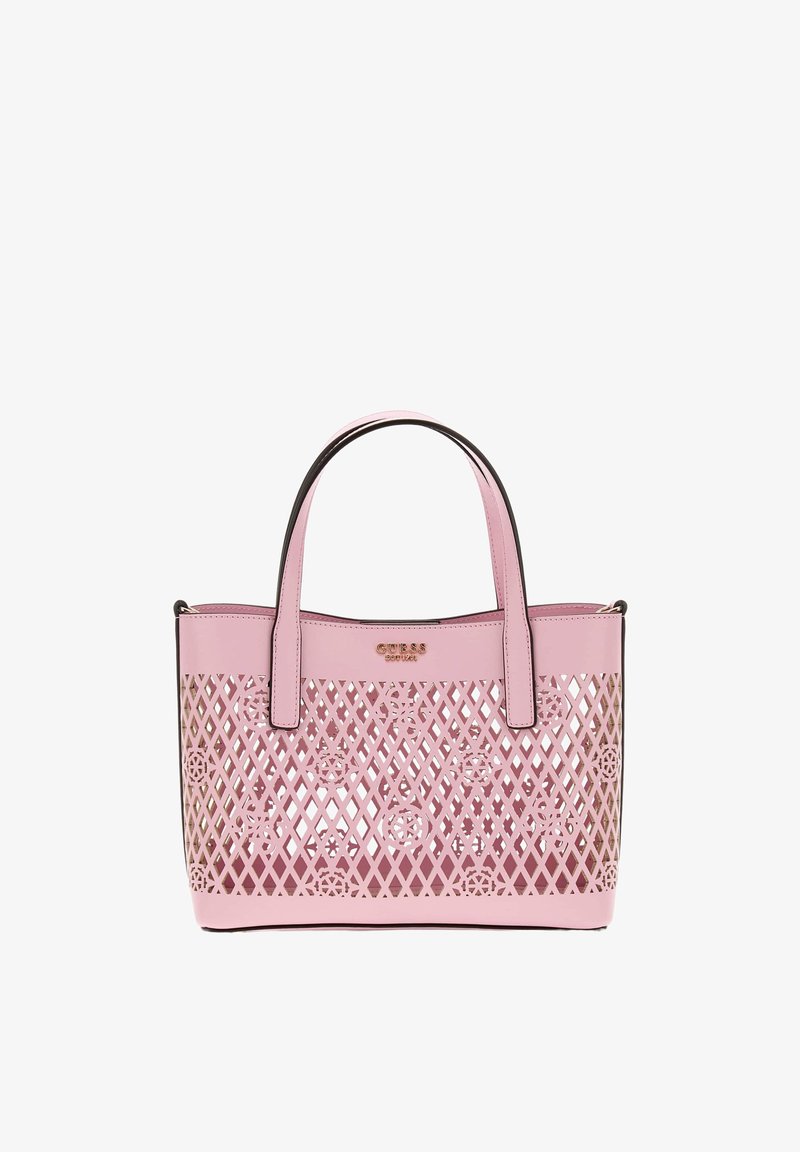 Sac à main Guess en cuir rose avec double poignées et motif à treillis perforé avec découpes florales.