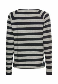 Langärmliges Shirt mit grauen und marineblauen Streifen, gerade geschnitten, runder Ausschnitt und aus weicher Baumwolle. Keine sichtbaren Beschläge oder Akzente.