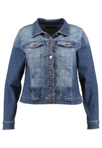 Farkkutakki sinisen sävyissä, jossa napitus edessä, kaksi rintataskua ja klassinen kaulus; takissa on muotoiltu istuvuus ja pitkät hihat.