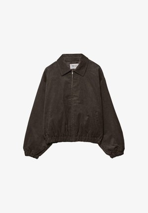 Veste courte en velours côtelé marron foncé avec col, fermeture éclair avant, poignets et ourlet élastiqués, dotée d'une finition en tissu texturé.