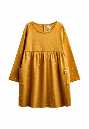 Mosterdgele lange mouwen jurk voor peuters met kleine witte hartpatronen, twee voorzakken, ronde halslijn en geplooide taille.