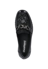 Black slip-on shoe with a glossy patent leather finish and textured upper. Features a decorative silver chain accent across the instep.