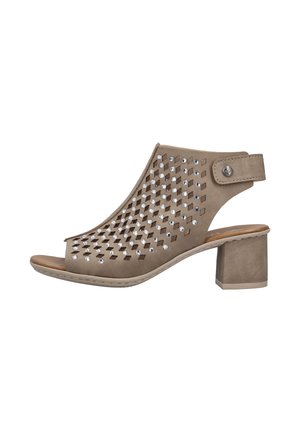 Sandale femme taupe à bout ouvert, talon bloc, motif losange découpé au laser et strass intégrés, avec bride de cheville à fermeture par bouton.