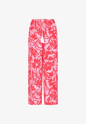 Roze broek met een groot rood bloemenpatroon, voorzien van een tailleband met trekkoord en een zachte textuur. Het ontwerp met wijde pijpen verhoogt het comfort.