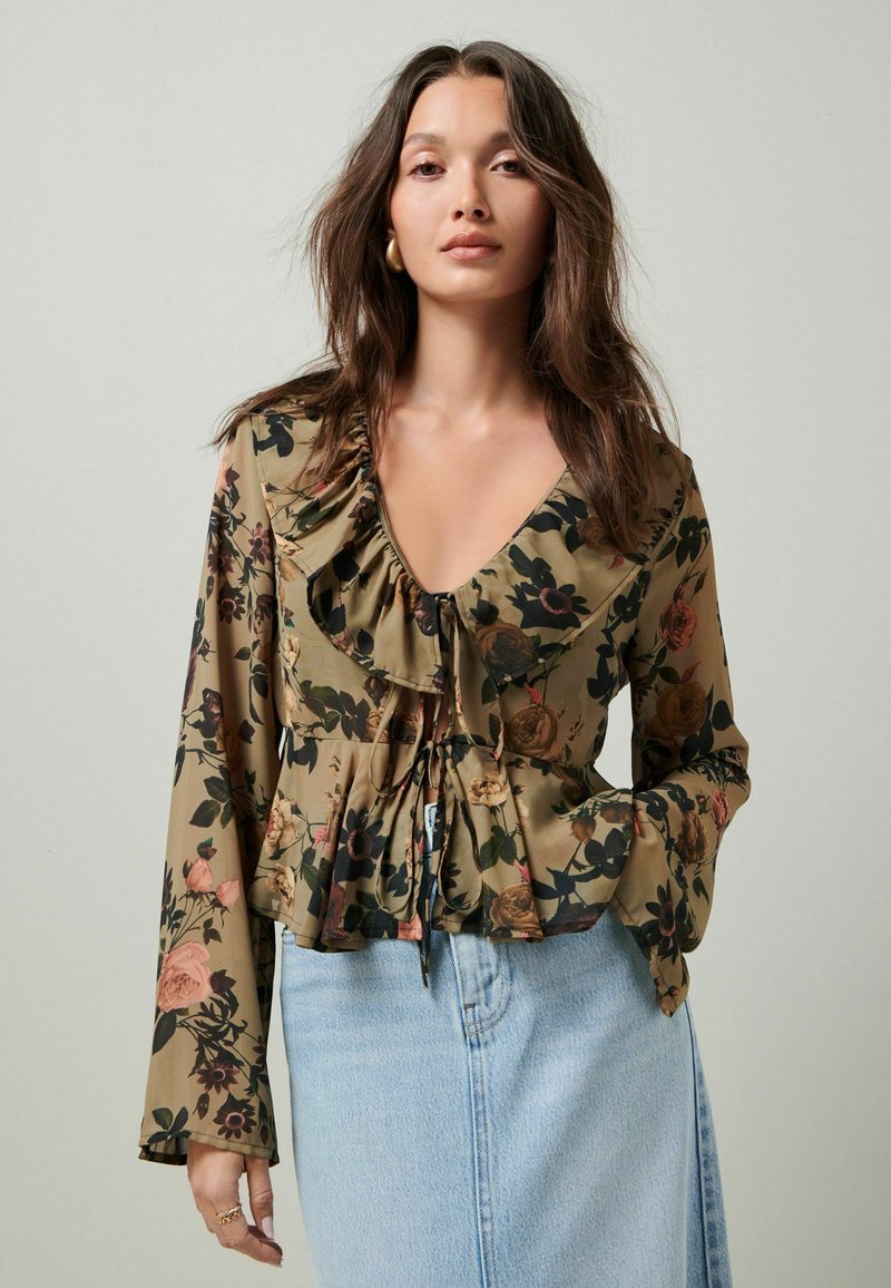Next TIE FRONT RUFFLE Bluse khaki green floral/grün Zalando.de