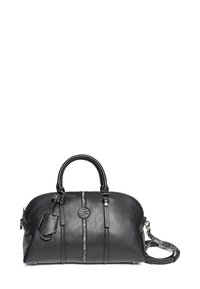 Czarna skórzana torebka na ramię z okrągłymi uchwytami, zapięciem na zamek i odpinanym paskiem na ramię. Posiada pionowe przeszycia i akcent z logo.