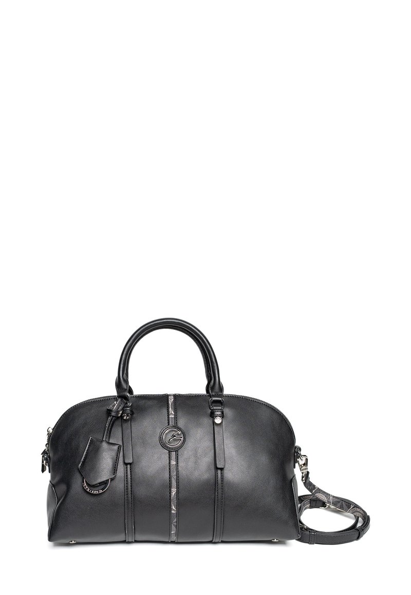 Czarna skórzana torebka na ramię z okrągłymi uchwytami, zapięciem na zamek i odpinanym paskiem na ramię. Posiada pionowe przeszycia i akcent z logo.