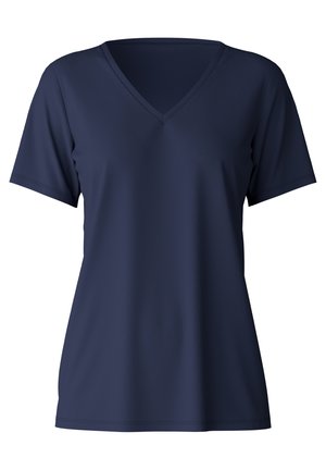 Marineblauwe V-hals T-shirt gemaakt van soepele stof, met korte mouwen en een ontspannen pasvorm. Geen zichtbare logo's of patronen.