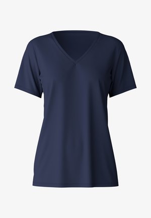 Marineblauwe V-hals T-shirt gemaakt van soepele stof, met korte mouwen en een ontspannen pasvorm. Geen zichtbare logo's of patronen.