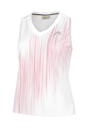Witte mouwloze sporttop met een v-hals, voorzien van verticale roze en rode lijnen, een gestructureerde stof en een klein zilver logo op de borst.