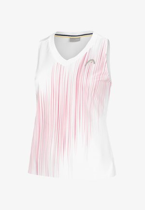 Witte mouwloze sporttop met een v-hals, voorzien van verticale roze en rode lijnen, een gestructureerde stof en een klein zilver logo op de borst.