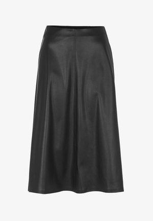 Zwarte leren rok met een gladde textuur, uitlopende stijl en een middellange snit. Beschikt over een nette tailleband en subtiele naden.