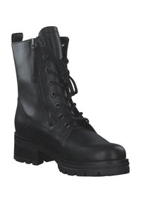 Zwarte leren combatboot met vetersluiting aan de voorkant en een ritssluiting aan de zijkant, stevige hak en een gestructureerde rubberen zool met profiel voor grip.
