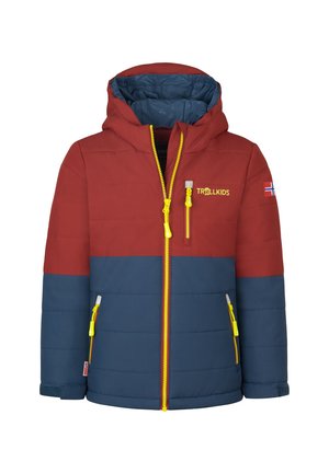 Red and blue padded children's jacket with hood, yellow zippers, Trollkids logo on chest, and Norwegian flag patch on sleeve.