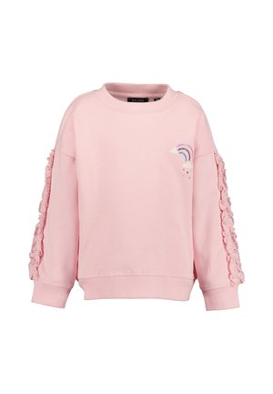 Jasnoróżowa dziecięca bluza z marszczonym materiałem wzdłuż obu rękawów oraz małą tęczą z chmurkami i serduszkami na piersi.