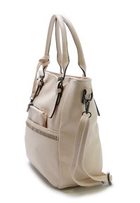 Lichtroze handtas van faux leer, voorzien van twee handvatten, een afneembare schouderband, een ritsvak en decoratieve stiksels.