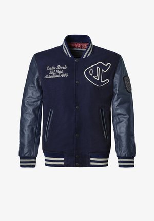 Marineblaues Varsity-Jackett mit einem Wollkörper und Lederärmel, gestreiften Rippbündchen, gestickten Logos und seitlichen Taschen.