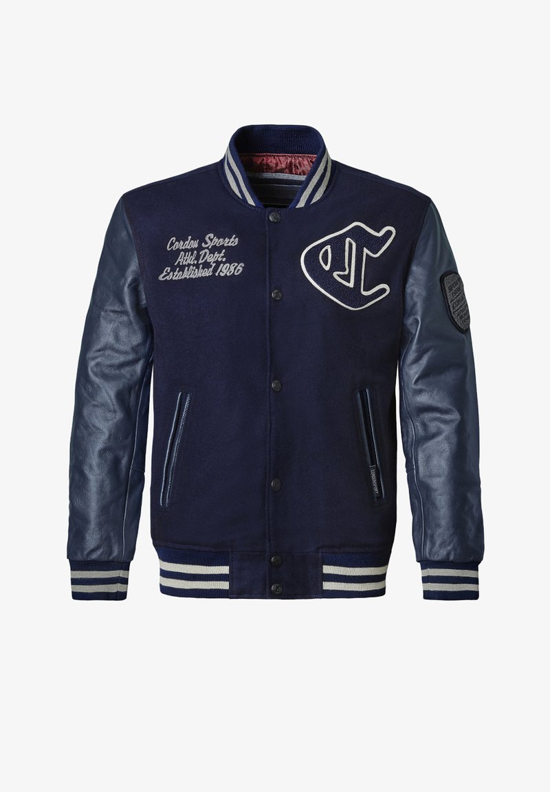 Marineblaues Varsity-Jackett mit einem Wollkörper und Lederärmel, gestreiften Rippbündchen, gestickten Logos und seitlichen Taschen.