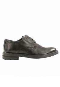 Scarpa da cerimonia in pelle nera con punta rotonda, design con lacci, texture liscia e suola in gomma bassa e texturizzata.