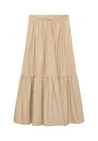 Gonna maxi beige a strati realizzata in tessuto leggero, con vita elasticizzata e dettagli arricciati, che creano una silhouette fluida.