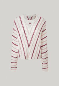 Crochet džemperis baltā krāsā ar rozā un bordo svītrām, ar V veida kakla izgriezumu un garām piedurknēm, izstrādāts ar teksturētu rakstu.