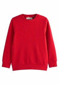 Sweatshirt rouge fabriqué en tissu doux, doté de manches longues, d'un col rond, de poignets et d'un ourlet côtelés, affichant un design uni et épuré.