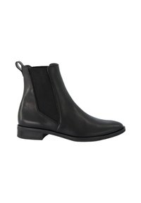 Botte de cheville en cuir noir avec panneaux latéraux élastiques, bout pointu et petit talon empilé. Dispose d'une boucle pour faciliter l'enfilage.