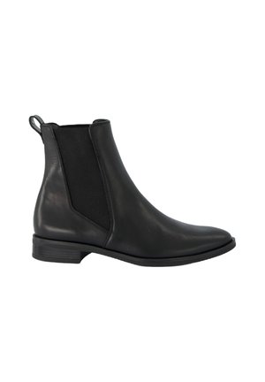 Botte de cheville en cuir noir avec panneaux latéraux élastiques, bout pointu et petit talon empilé. Dispose d'une boucle pour faciliter l'enfilage.