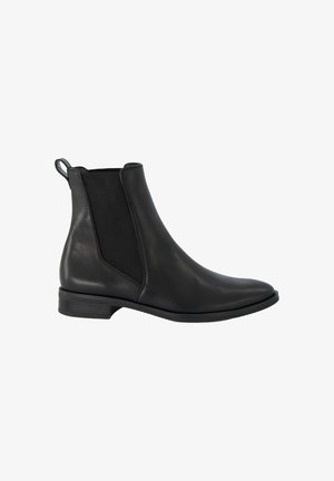 Botte de cheville en cuir noir avec panneaux latéraux élastiques, bout pointu et petit talon empilé. Dispose d'une boucle pour faciliter l'enfilage.