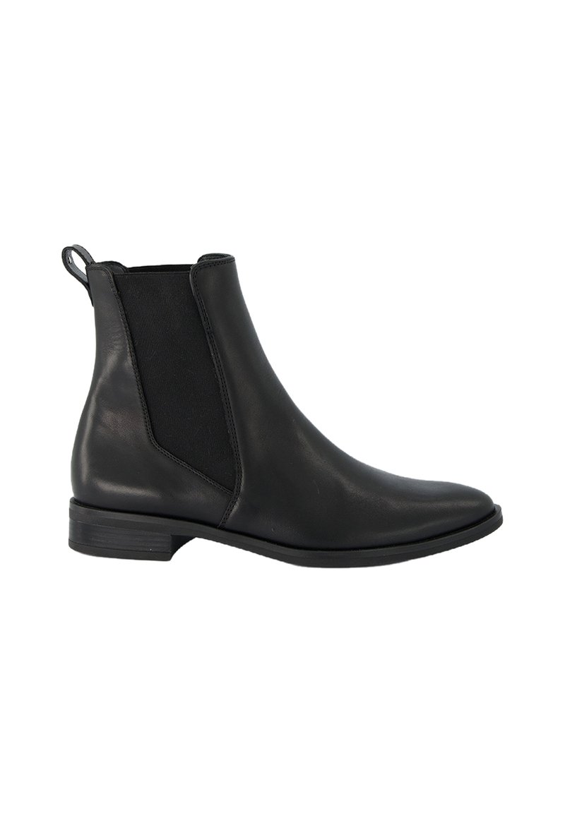 Botte de cheville en cuir noir avec panneaux latéraux élastiques, bout pointu et petit talon empilé. Dispose d'une boucle pour faciliter l'enfilage.