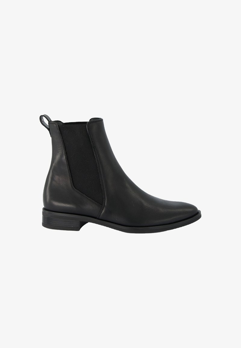 Botte de cheville en cuir noir avec panneaux latéraux élastiques, bout pointu et petit talon empilé. Dispose d'une boucle pour faciliter l'enfilage.