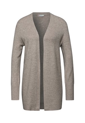 Beige cardigan with open front, long sleeves, and ribbed cuffs. Made from soft knit fabric, featuring a smooth texture and relaxed fit.