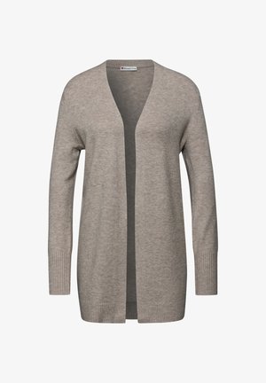 Cardigan beige à ouverture devant, à manches longues et avec des poignets côtelés. Fabriqué en tissu tricoté doux, il présente une texture lisse et une coupe décontractée.