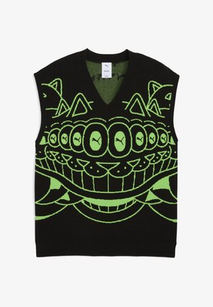 Pull sans manches noir présentant un grand design graphique vert ressemblant à un visage, avec un col en V et un ourlet côtelé. Couleurs à fort contraste.