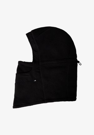Schwarzer Fleece-Hood mit abgerundeter Form, ausgestattet mit einer strukturierten Außenseite, glattem Innenfutter und einem Zugband zur Anpassung.