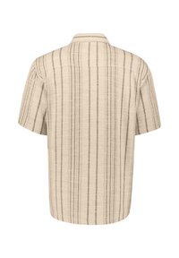 Beige overhemd met korte mouwen, verticale dunne grijze strepen, klassieke kraag en een comfortabele pasvorm, gezien van achteren.