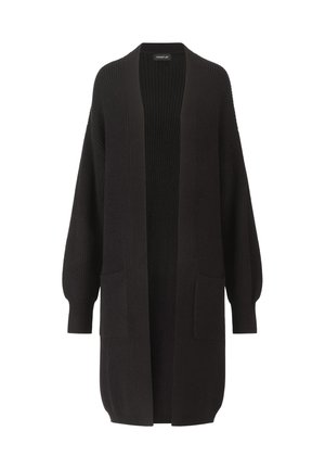 Schwarze Strickjacke mit offenem Frontbereich, langen Ärmeln, gerippter Textur und zwei vorderen Taschen. Einfaches Design mit lockerer Passform.
