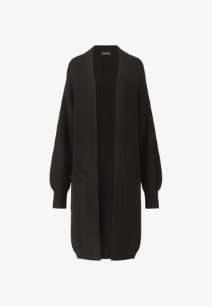 Schwarze Strickjacke mit offenem Frontbereich, langen Ärmeln, gerippter Textur und zwei vorderen Taschen. Einfaches Design mit lockerer Passform.