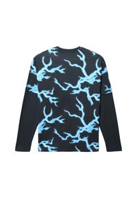 Koszula z długim rękawem z ciemnym tłem i wzorami błyskawic w odcieniach niebieskiego. Wykonana z miękkiego materiału, z okrągłym dekoltem i luźnym krojem.