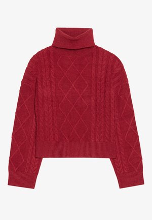 Rdeča pletena jopica z visokim turtleneck-om, kabelskim pletenjem z diamanti in rebrastimi manšetami ter obodom.