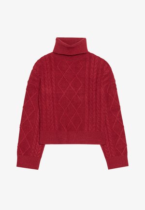 Maglione rosso lavorato a maglia con colletto alto, motivo a treccia con disegni a rombo e polsini e orlo a coste.
