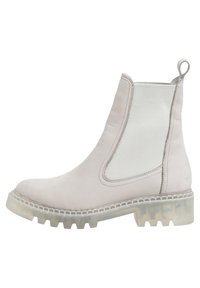 Jasnoszare botki za kostkę wykonane z zamszu i skóry, wyposażone w elastyczne boczne panele, pętelkę do zakładania oraz przezroczystą, masywną podeszwę.