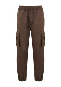 Bruine cargobroek met een elastische tailleband, trekkoord en taps toelopende pijpen, voorzien van twee zijzakken en twee cargozakken.