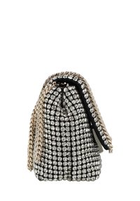 Borsa a clutch nera rivestita di strass argentati, con tracolla a catena e chiusura con zip, caratterizzata da una superficie texturizzata e una forma compatta.