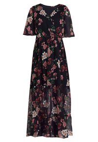 Robe longue florale noire avec un design portefeuille. Elle présente des manches courtes et flottantes, ainsi qu'un tissu transparent superposé avec des motifs floraux multicolores.